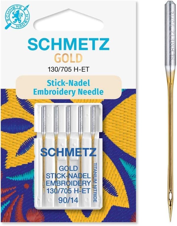 SCHMETZ Nähmaschinennadeln 5 Gold Stick-Nadeln | 130/705 H-ET | Nadeldicke: 90/14 und 75/11