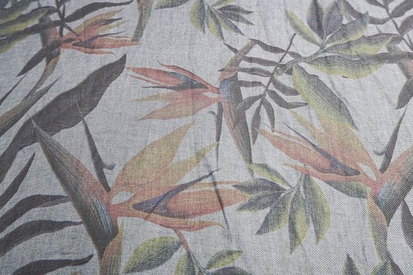 Leinen "cross-dye" bedruckt Blätter natur/jeans